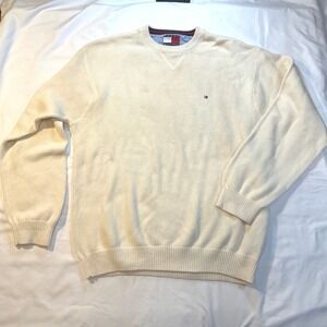 Tommy Hilfiger Mens Cream Cotton Knit Crewneck Sweater XL Flag Logo Off White